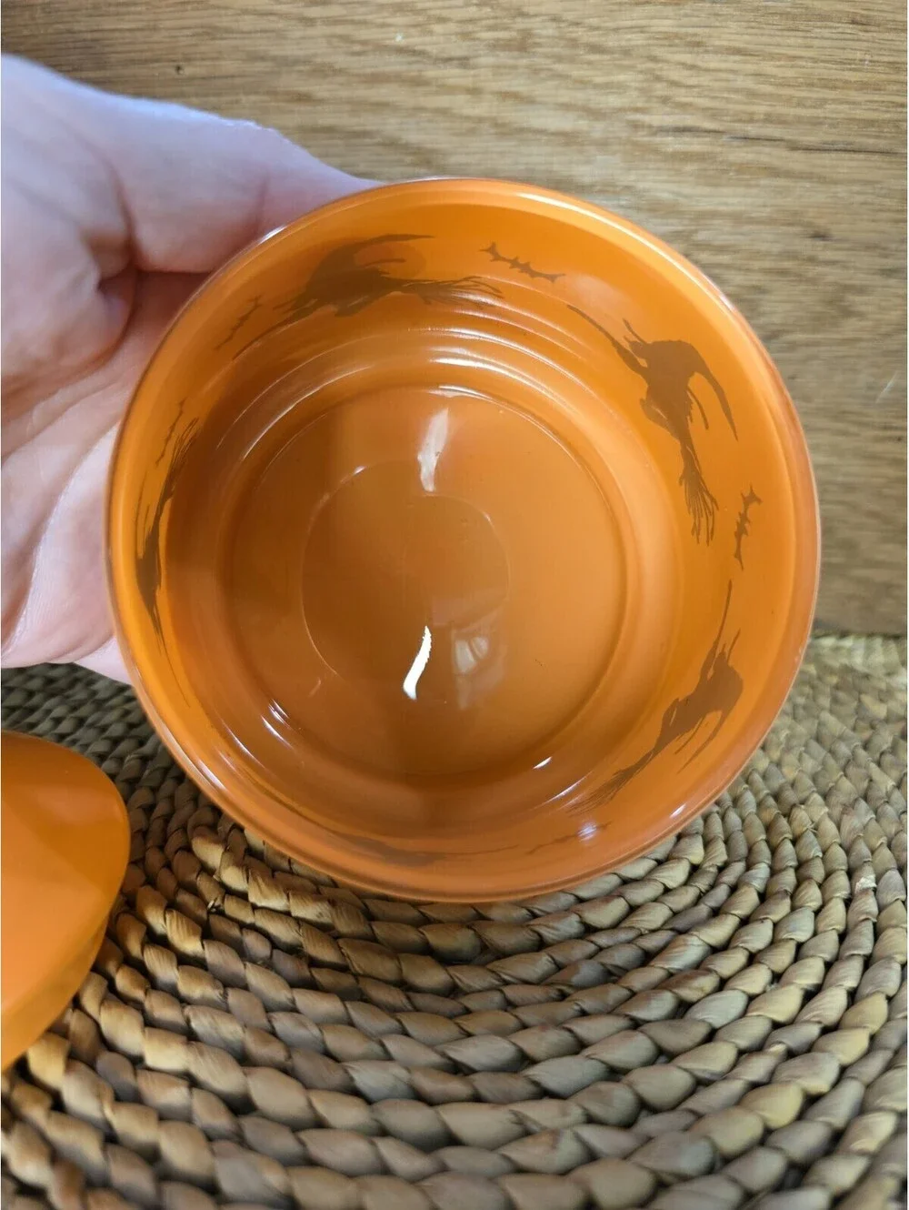 Vintage Indiana Glass Halloween Witch Bat Lidded Jar Candy Dish